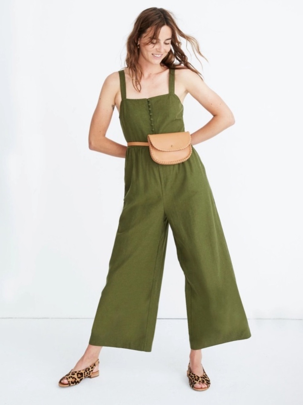Madewell Olive Wide-Leg Button Front Jumpsuit